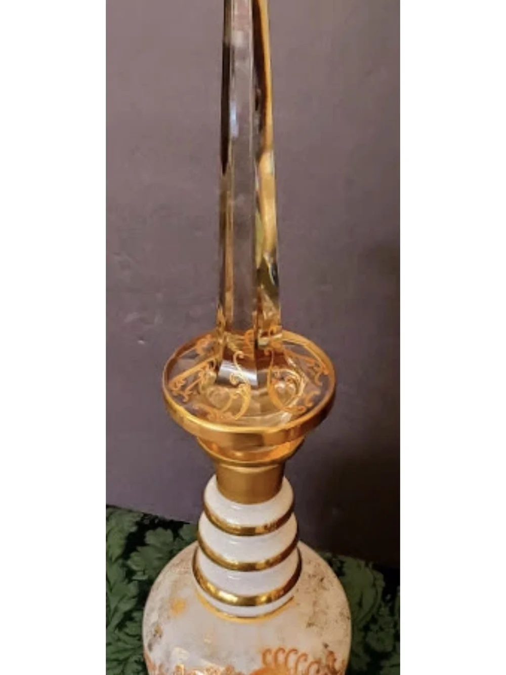 Decorative White and Gold Glass Decanter with Floral Motif
